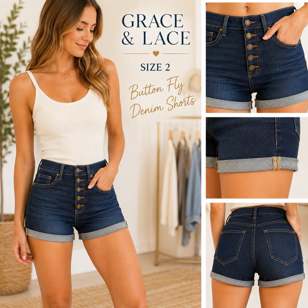 Grace & Lace Denim Shorts Womens 2 XS Button Fly Cuffed Dark Wash